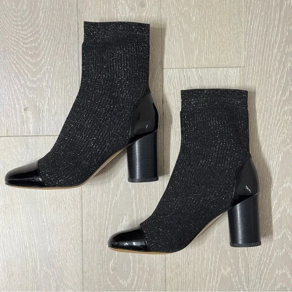 Sandro Paris Lyv Patent Leather Captoe Glitter Black Sock Boots - like new - Picture 2 of 6